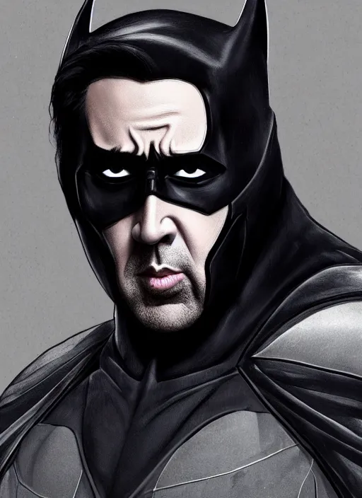 Image similar to promotional image of nicolas cage dressed as batman, smooth, trending on artstation, promotional artwork, film still, elegant, photorealistic facial features, intricate, detailed face, cinematic lighting