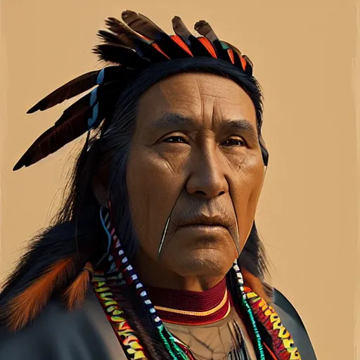 Image similar to abstract 3d portrait Native American in his traditional clothes age 40 by james jean and Jason Chan, rendering, redshift, octane