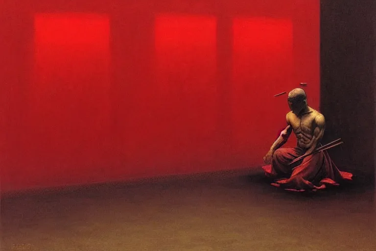 Image similar to only with red, a red samurai do seppuku, tokio, a lot of frogs watch, in the style of beksinski, parts by edward hopper, parts by rodcenko, parts by yue minjun, intricate and epic composition, red by caravaggio, insanely quality, highly detailed, masterpiece, red light, artstation, 4 k