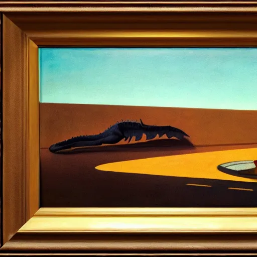 Image similar to painting of the extinction of the dinosaurs with asteroid and fire, in the style of edward hopper