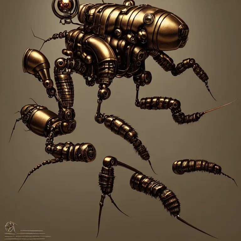 Prompt: steampunk robot ant, 3 d model, unreal engine realistic render, 8 k, micro detail, intricate, elegant, highly detailed, centered, digital painting, artstation, smooth, sharp focus, illustration, artgerm, tomasz alen kopera, wlop