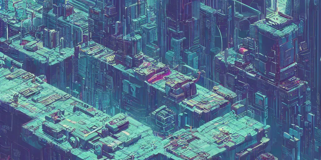 Prompt: a mile above a cyberpunk landscape. isometric perspective. science fiction art. near future world moebius
