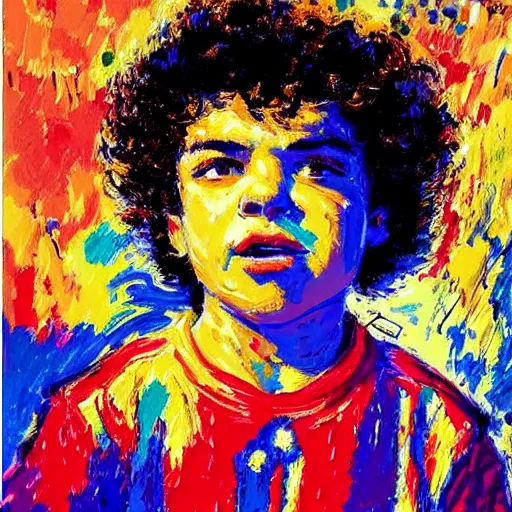 Image similar to gaten matarazzo by leroy neiman, intricate, ultra detailed painting, atmospheric lighting, golden hour