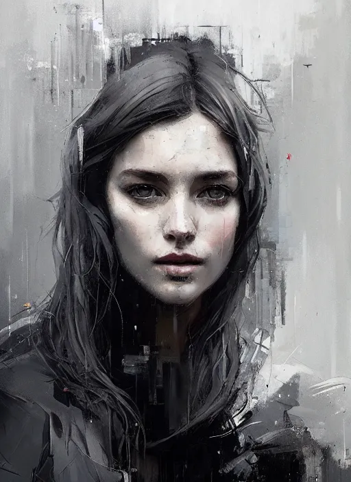 Prompt: outdoor portrait of a beautiful girl, shades of grey, beautiful face, rule of thirds, intricate outfit, spotlight, by greg rutkowski, by jeremy mann, by francoise nielly, digital painting