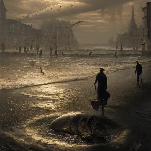 Image similar to shadow over innsmouth, fishpeople, people walking out of water, painted by seb mckinnon, high detail, dramatic light, digital art, painted by greg rutkowski, promotional movie posterart, trending on artstation