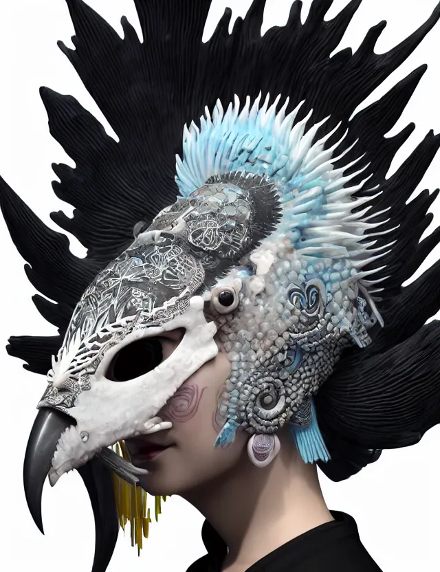 Image similar to 3 d goddess close - up profile simple portrait punk with mohawk with ram skull. beautiful intricately detailed japanese crow kitsune mask and clasical japanese kimono. betta fish, jellyfish phoenix, bio luminescent, plasma, ice, water, wind, creature, artwork by tooth wu and wlop and beeple and greg rutkowski