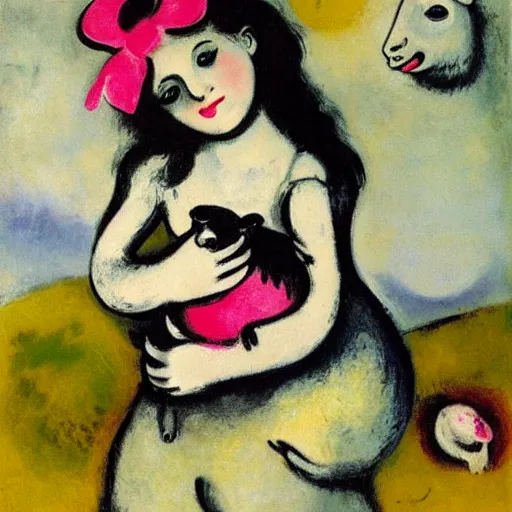 Prompt: a painting of a young women holding a lamb with a pink bow, painted by marc chagall