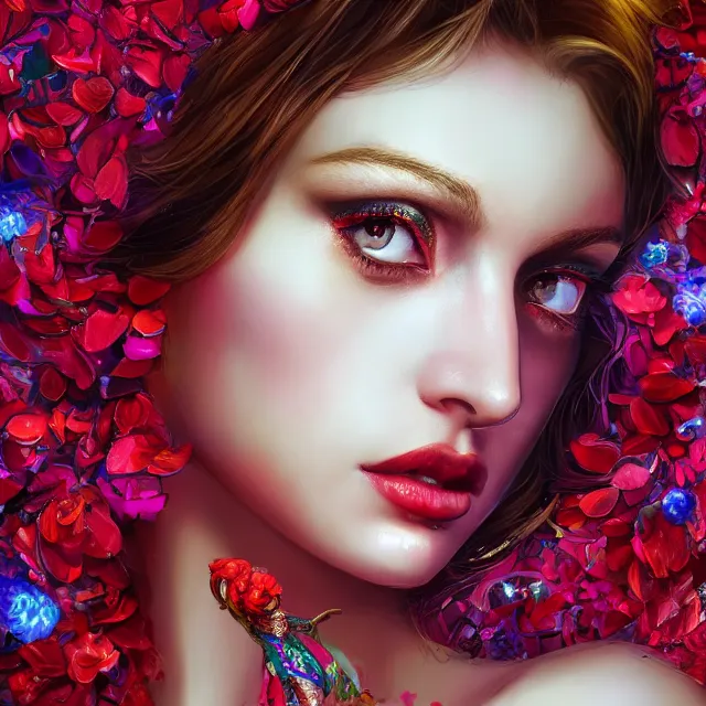 Image similar to studio portrait absurdly beautiful, elegant, lovely, young hypercolorful sensual russian woman rubies red petals gems, ultrafine hyperrealistic detailed face illustration by kim jung gi, irakli nadar, intricate linework, sharp focus, bright colors, matte, octopath traveler, final fantasy, unreal engine highly rendered, global illumination, radiant light, intricate rainbow environment