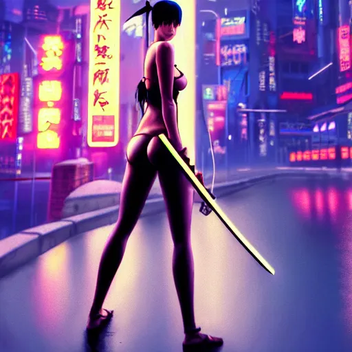 Image similar to beautiful female with katana, short black hair, in bikini, cyberpunk 2077, city background, rainy night, neon glow concept art, sharp focus, intricate, digital painting, artstation, official media, anime key visual, highly detailed, rich vivid colors ambient lighting, illustration, art by Artgerm, Makoto Shinkai, Ilya Kuvshinov, Lois Van Baarle and Rossdraws