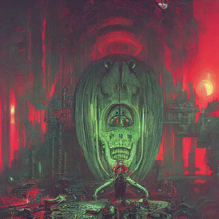Prompt: gargantuan disappointment of flaky souls, red and green palette, by ( h. r. giger ) and paul lehr