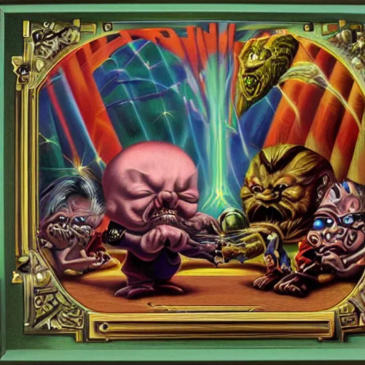 Image similar to wizards duel painting by Mark Ryden and Todd Schorr, Jack Kirby