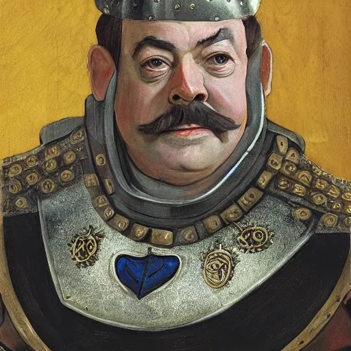 Prompt: portrait of general melchett dressed in medieval armor, realistic