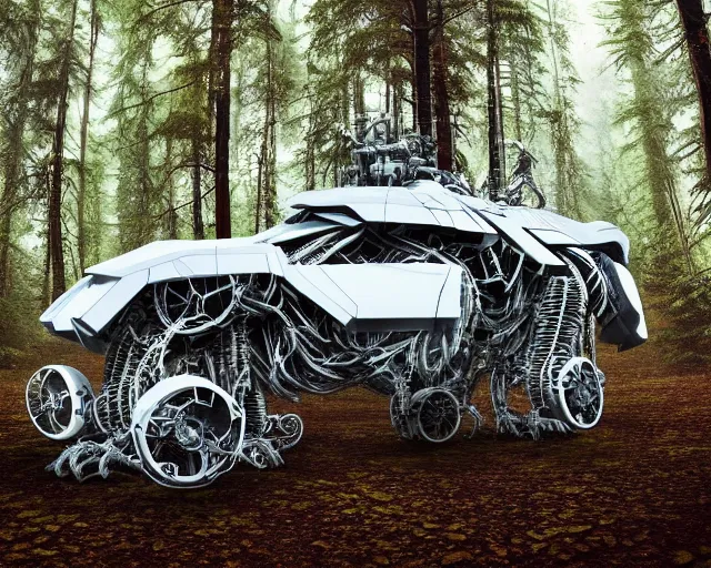 Image similar to photo of a giant huge white crystal terminator spider with heavy duty biomechanical hydraulic cybernetic body with antennas and visor cogs and gears and components in the forest. cyberpunk horror style. highly detailed 8 k. intricate. nikon d 8 5 0 5 5 mm. award winning photography.