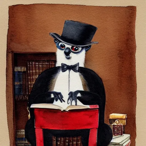 Prompt: watercolor painting of a lemur wearing a top hat and a monocle sitting in a red chair having a conversation with a capybara sitting in black chair and smoking a cigar in a library full of books - n 4