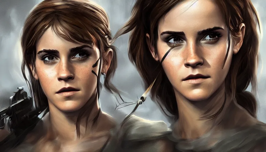 Image similar to Digital painting of Emma Watson as Lara Croft, hyperdetailed, artstation, cgsociety, 8k