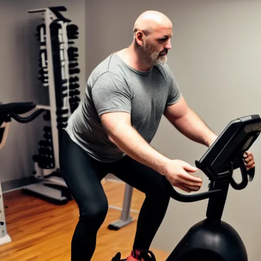 Prompt: chonky bald head with a grey closely shaven beard ethan van sciver working out vigorously on his peloton exercise bike