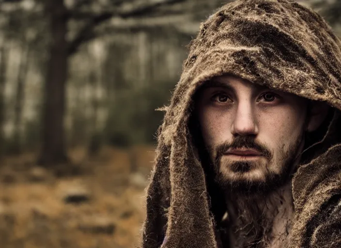 Prompt: character and environment photography, portrait 2 0 - year - old male druid, tattered hood and robe, infested bear standing, medium shot, wide angle, 2 0 0 px, low key