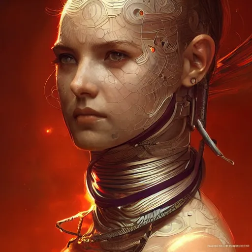 Image similar to portrait of a female warrior wearing a semi transparent carbon shell in plastic, transparent, science fiction, intricate, headshot, highly detailed, digital painting, artstation, concept art, sharp focus, cinematic lighting, illustration, art by artgerm and greg rutkowski, alphonse mucha, cgsociety