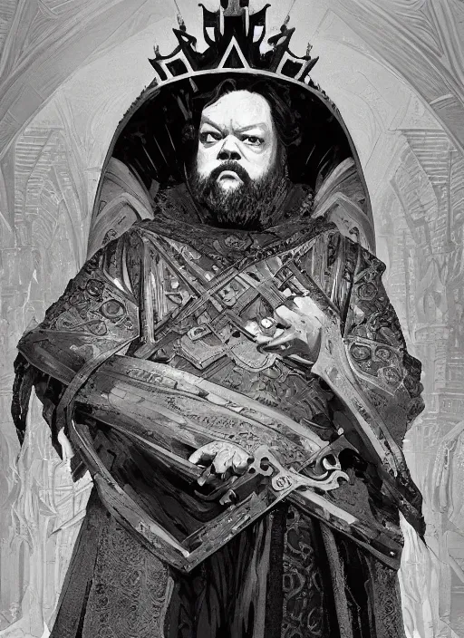 Image similar to Orson Welles as medieval King, intricate, elegant, highly detailed, digital painting, artstation, concept art, smooth, sharp focus, illustration, game of thrones, art by greg rutkowski and alphonse mucha and aleksi briclot