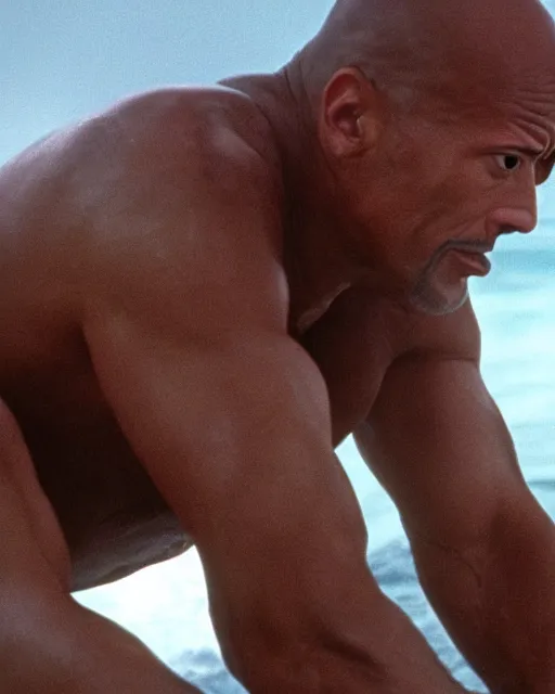 Prompt: film still close up shot of dwayne johnson in the movie jaws. photographic, photography