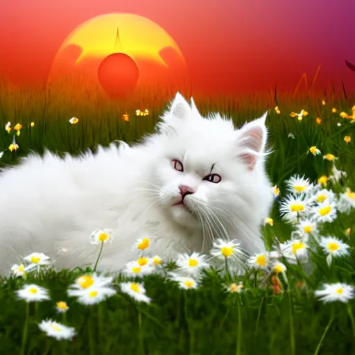 Prompt: a fluffy white cat sleepimg in a daisies field, sunset, cinematic scene, photorealistic