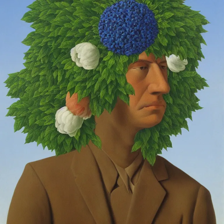 Image similar to portrait of a flower - head man by rene magritte, detailed painting, distance, centered, hd, hq, high resolution, high detail, 4 k, 8 k