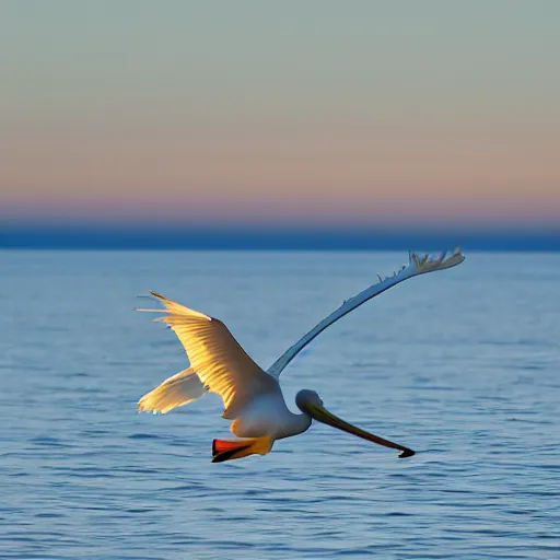 Image similar to award - winning photo of a white pelican in flight as seen from below. in the background we see the ocean and a pinkish hue sunset