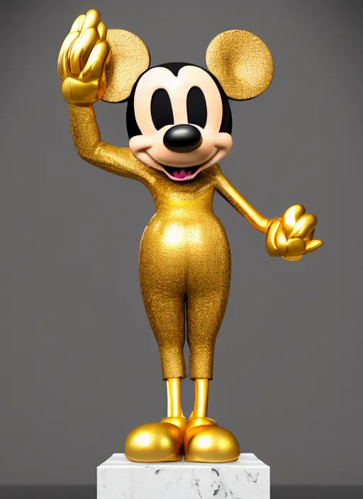 Prompt: stylized gold onyx ornate statue full body made of marble of disney character mickey mouse, perfect symmetrical body, perfect symmetrical face, hyper realistic, hyper detailed, by johannen voss, by michelangelo, octane render, blender, 8 k, displayed in pure white studio room