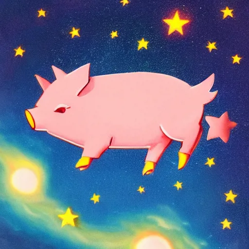Image similar to a flying pig through a beautiful star packed universe