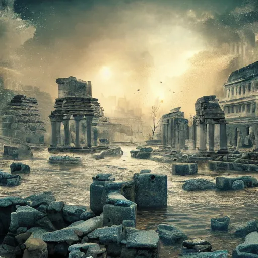 Image similar to Ancient city being destroyed by a flood, digital art , highly detailed , high contrast, beautiful lighting, award winning , trending on art station, photorealistic, 8k