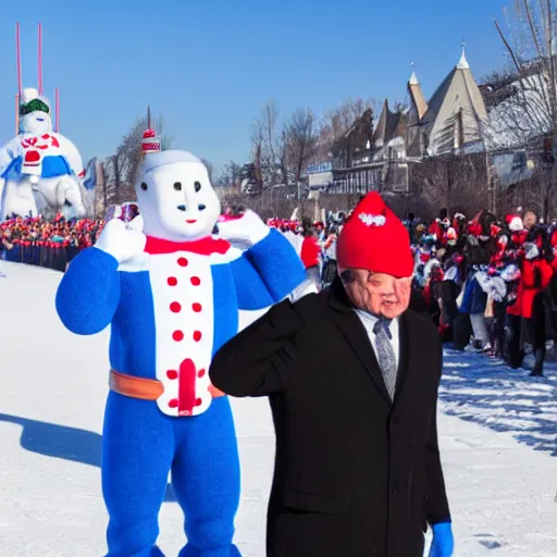 Image similar to a high quality photography of guy a lepage saluting the bonhomme carnaval