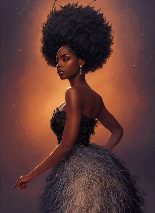 Image similar to full body portrait of beautiful black woman as the swan queen, glowing crown, beautiful flowy feathered gown, beautiful baroque lace detail, highly detailed, digital painting, artstation, concept art, smooth, sharp focus, illustration, face by wlop, illustrated by mars ravelo and greg rutkowski