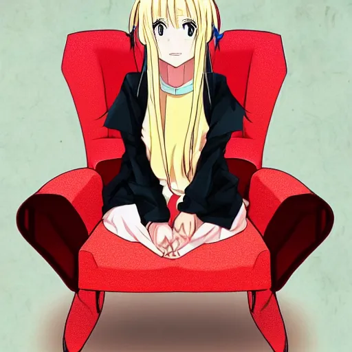 Image similar to anime waifu chair, perfect to sit on, waifu has a big head, pixiv