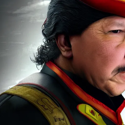 Image similar to A still of Hugo Chávez as Solid Snake from Metal Gear Solid, 4k, photograph, photoreal, realistic, highly detailed, promo shoot, award winning