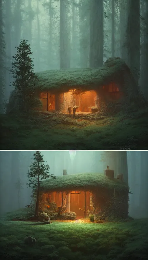 Prompt: cozy home in the woods moody lighting, soft light, dynamic lighting, complimentary colours, realistic, highly detailed, by kim jung giu zdzisław beksinski and greg rutkowskiweta studio, and lucasfilm, colours