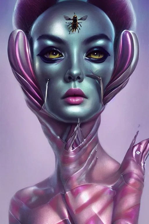 Image similar to portrait of an elegant alien bee woman queen, straight on portrait, by artgerm, tom bagshaw, gerald brom, vaporwave colors, lo - fi colors, vaporwave, lo - fi, moody vibe, goth vibe, full body,