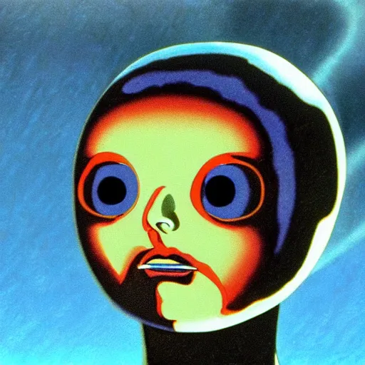 Prompt: a screenshot from fantastic planet where a character is showing emotions on its face