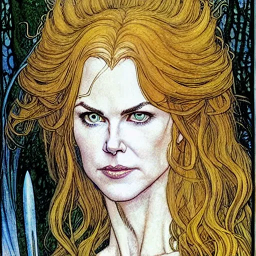 Image similar to a realistic, very beautiful and atmospheric portrait of a young and lithe nicole kidman as a druidic warrior wizard looking at the camera with an intelligent but seductive gaze by rebecca guay, michael kaluta, charles vess and jean moebius giraud