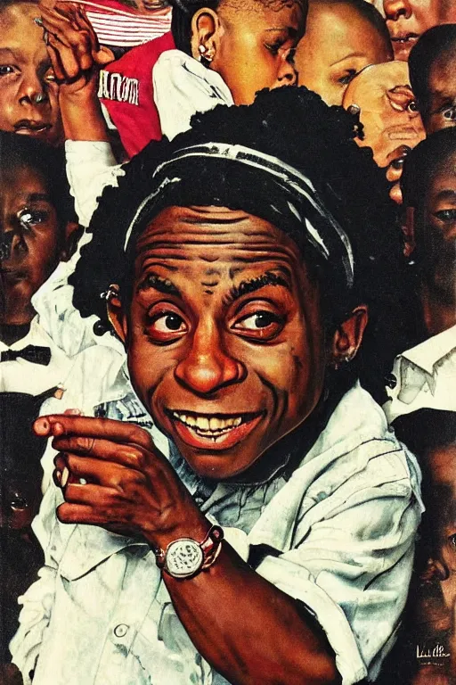 Prompt: lil wayne and his giant iphone painted by norman rockwell