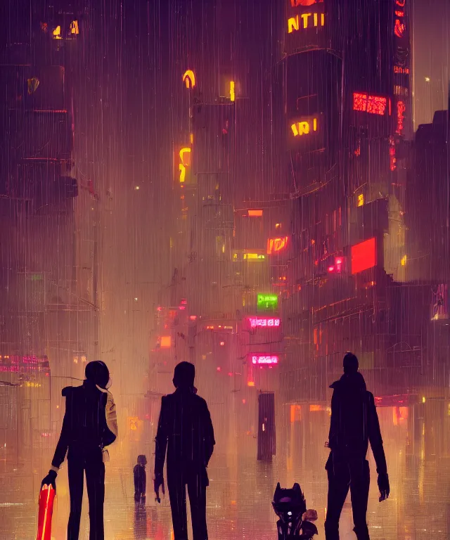 Image similar to street from paris or neo tokyo , humid ground, people and creatures walking holding neon ombrellas, volumetric light, bokeh light from top, science fiction elements like droids or big computer screens, brutalist architecture, rainy mood, artstation, art pascal campion