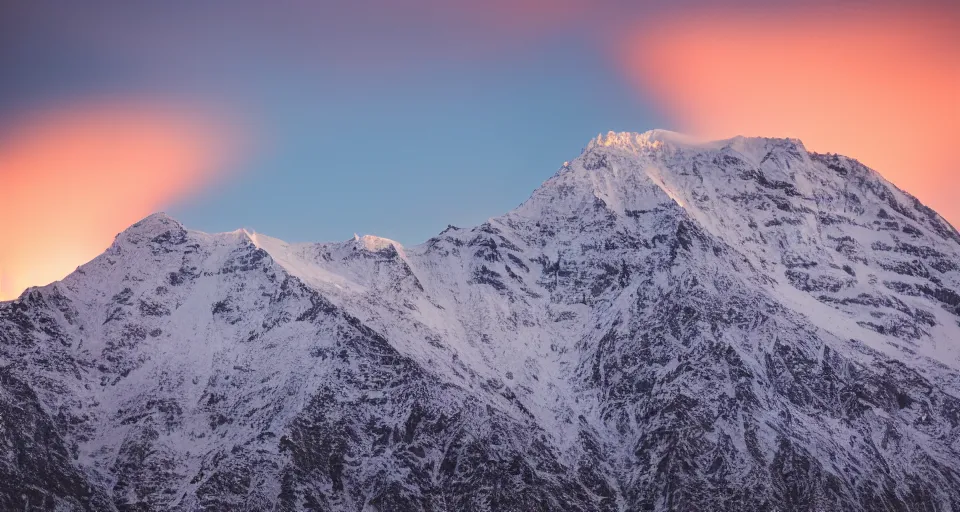 Image similar to professional photo of a snow topped mountain lit by the sunset