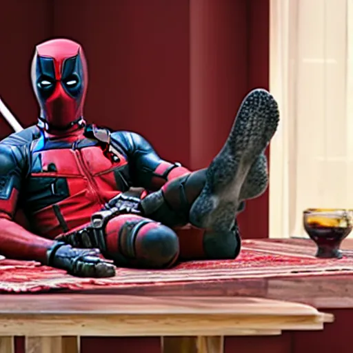 Image similar to a still of deadpool relaxing at home feet up on table