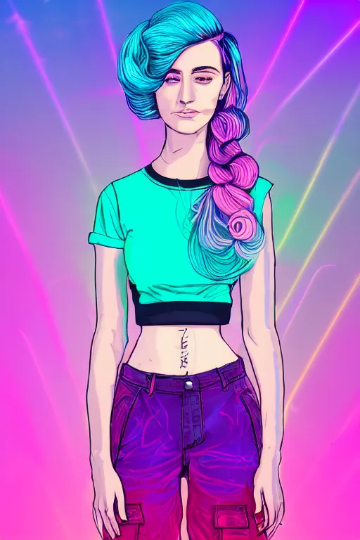 Image similar to a award winning half body portrait of a beautiful woman in a croptop and cargo pants with ombre purple pink teal hairstyle and hands in pockets by ari liloan, surrounded by whirling illuminated lines, outrun, vaporware, shaded flat illustration, digital art, trending on artstation, highly detailed, fine detail, intricate