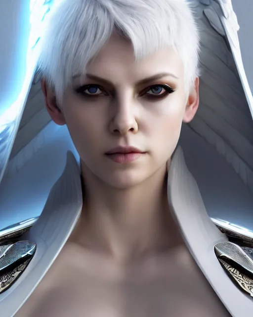 Image similar to perfect white haired attractive egyptian goddess with huge white dove wings, warframe armor, beautiful, symmetric, charlize theron, half asian, pretty face, blue eyes, cyborg, scifi platform, laboratory, experiment, 4 k, ultra realistic, epic lighting, android body, illuminated, cinematic, masterpiece, art by akihito tsukushi, voidstar