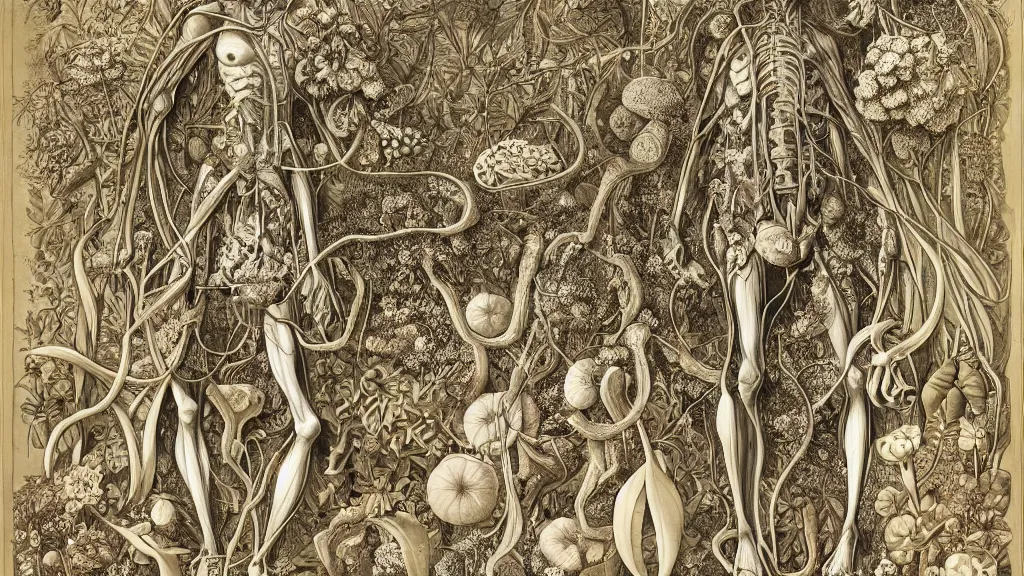 Image similar to highly detailed illustration of a single human anatomy body surrounded by all the known species of plants and flowers by juan gatti!, by moebius!, by leonardo da vinci!, by oliver vernon!