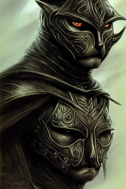 Image similar to head and shoulders portrait of an eldrich knight, drow, dark elf, shadar kai, armored, magical, male, black cat familiar, high fantasy, d & d, by boris vallejo, face details, extremely detailed, digital illustration