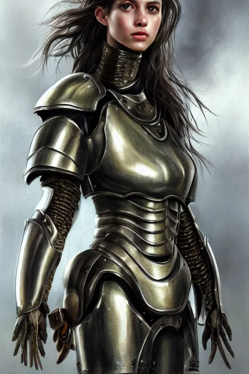 Image similar to a photorealistic painted portrait of an attractive young girl, partially clothed in dull metal-plated battle armor, olive skin, long dark hair, dirty skin, beautiful bone structure, symmetric facial features, perfect photorealistic eyes, natural physique, intricate, elegant, digital painting, concept art, finely detailed, beautifully illustrated, sharp focus, minimal artifacts, from Metal Gear, by Ruan Jia and Mandy Jurgens and Artgerm and William-Adolphe Bouguerea, in the style of Greg Rutkowski, trending on Artstation, award winning