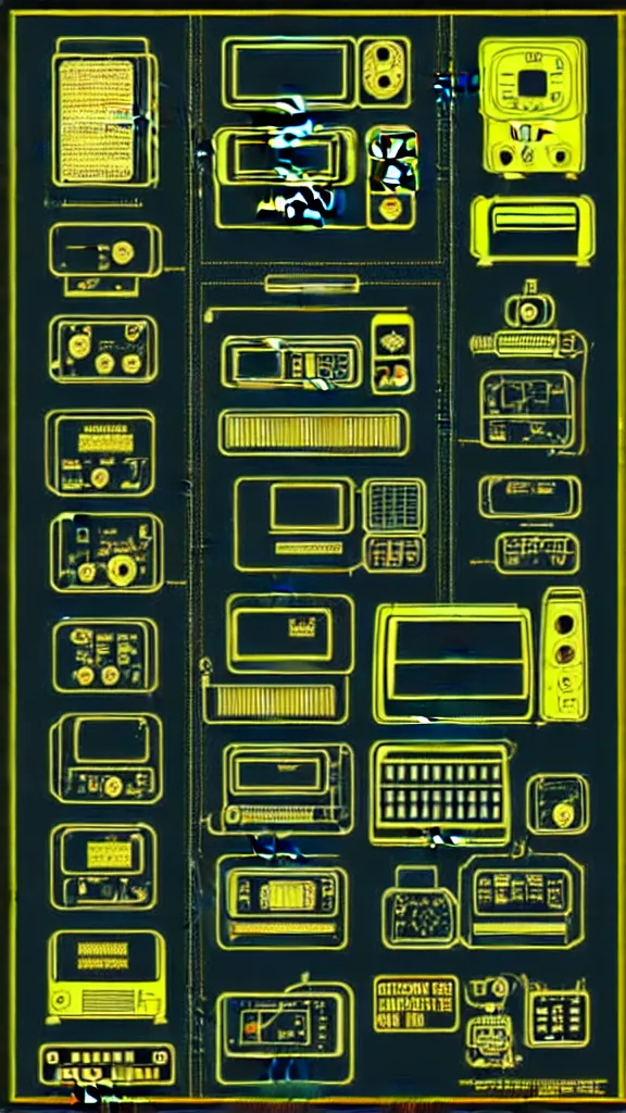 Prompt: technical diagrams of Y2K military electronics, intricate line art centered golden rule 300dpi