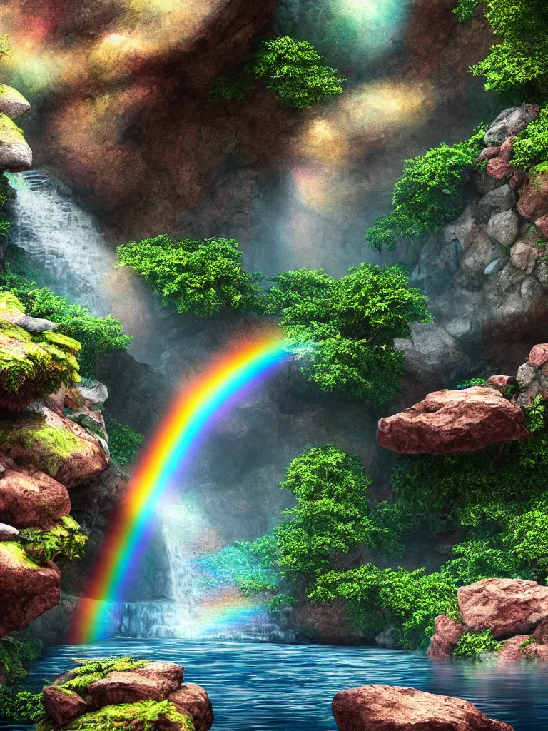 Image similar to digital illustration of waterfall cascading onto rocks, small rainbow emerging in background, ethereal, beautiful scenery, intricately meticulously detailed, amazing, glitter, 8 k render octane high definition