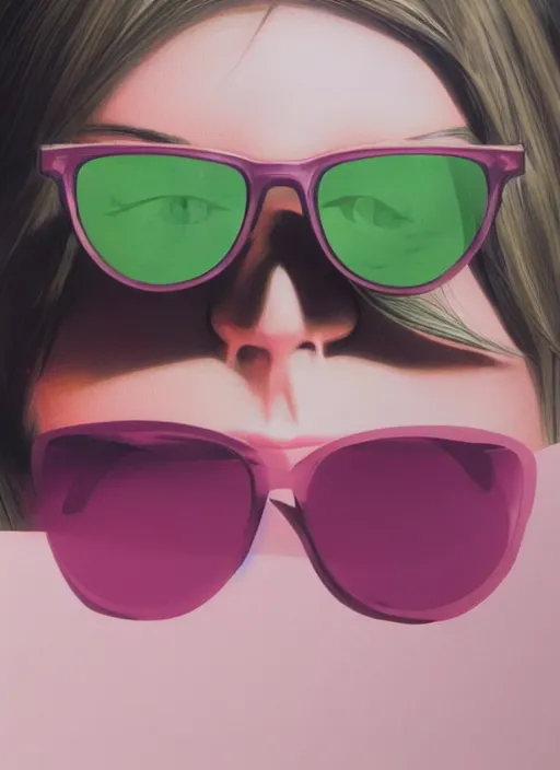 Prompt: a pair of pink sunglasses on a glass table with a'woman's green eyes inside the frame, bright colors, highly detailed, concept art, matte, trending on artstation, anime, art by wlop and artgerm and greg rutkowski, ilya kuvshinov, strong strokes, photo of asuna from sao